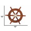 12" Teak Wood Ship Wheel with Brass Inset and Six Spokes; Brown and Gold