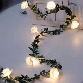 Rose Flower Vine String LED Lights Decoration Green Leaf Garland Battery USB Solar Powered Warm White Fairy Lights (Option: Green-1.5m 10 lights)
