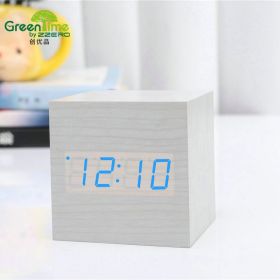 Minimalist Cube shaped sound-sensitive wooden digital clock with temperature display (Color: White)