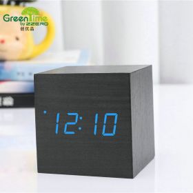 Minimalist Cube shaped sound-sensitive wooden digital clock with temperature display (Color: Black)
