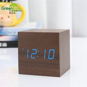 Minimalist Cube shaped sound-sensitive wooden digital clock with temperature display (Color: Brown)