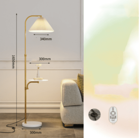 Pleated Living Room Sofa Floor Lamp Solid Wood Bedside Bedroom (Option: Gold-Marble remote dimming-220V US)